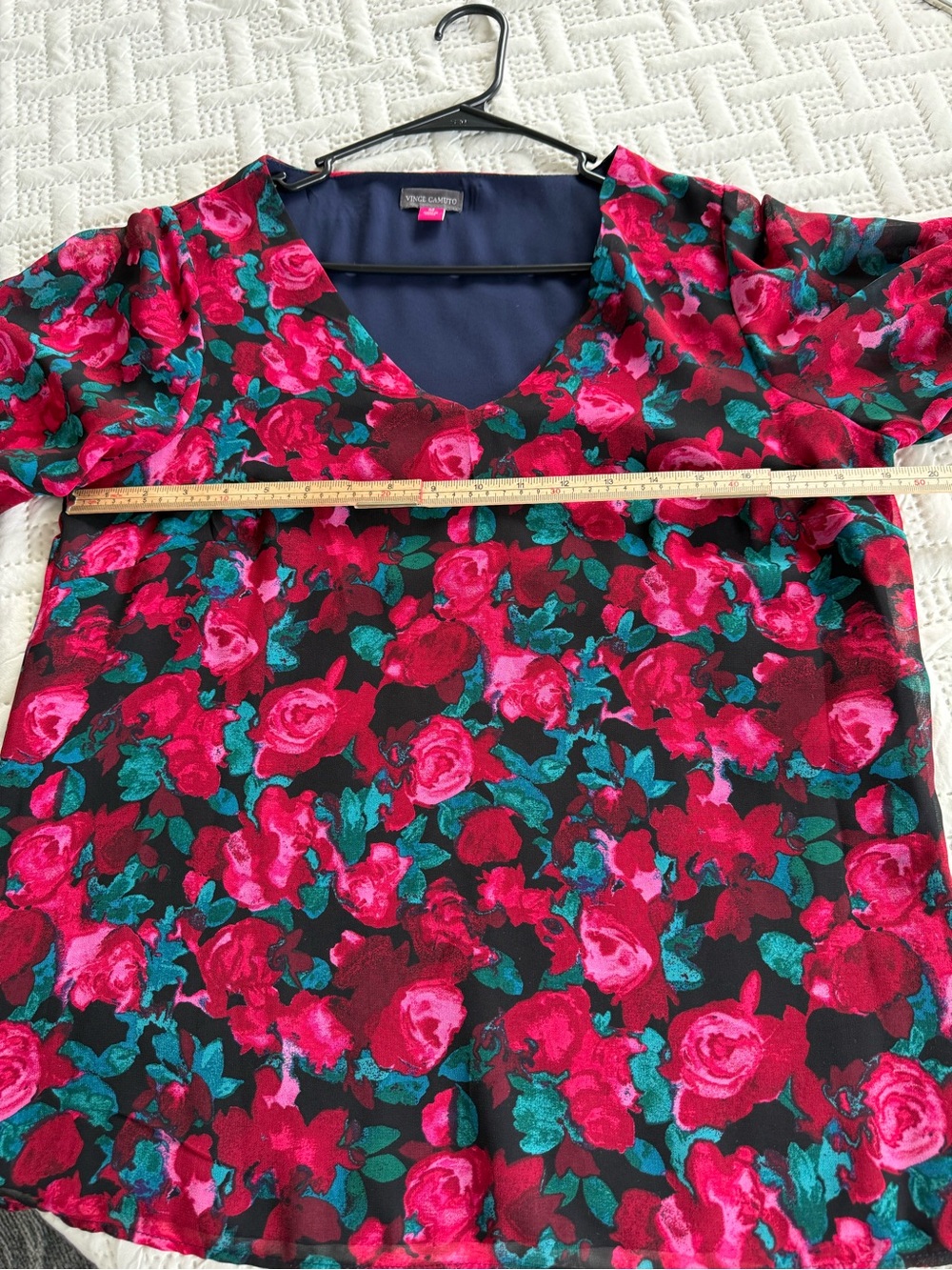 Vince Camuto Navy Blouse with Pink & Teal Accents - Picture 2 of 11